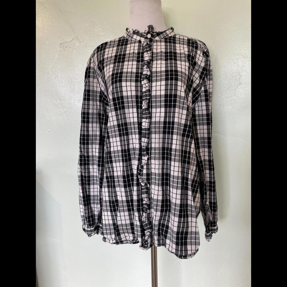 Ann Taylor LOFT Black White Plaid Long Sleeve Blouse Top Shirt XL 20-0163